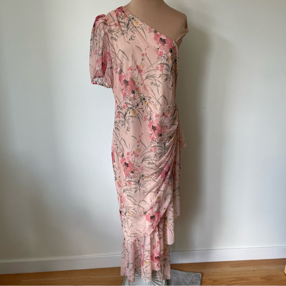 BCBGMAXAZRIA 1 Shoulder Asymmetric Ruffle Pink Floral Midi Evening Dress NWT XL - Picture 4 of 11